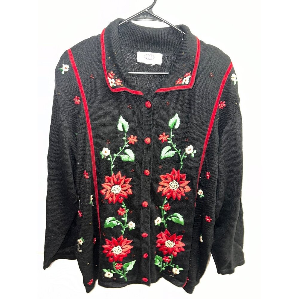Modern Woman sweater size 2X? 3X? button down Poinsettia long sleeve collar